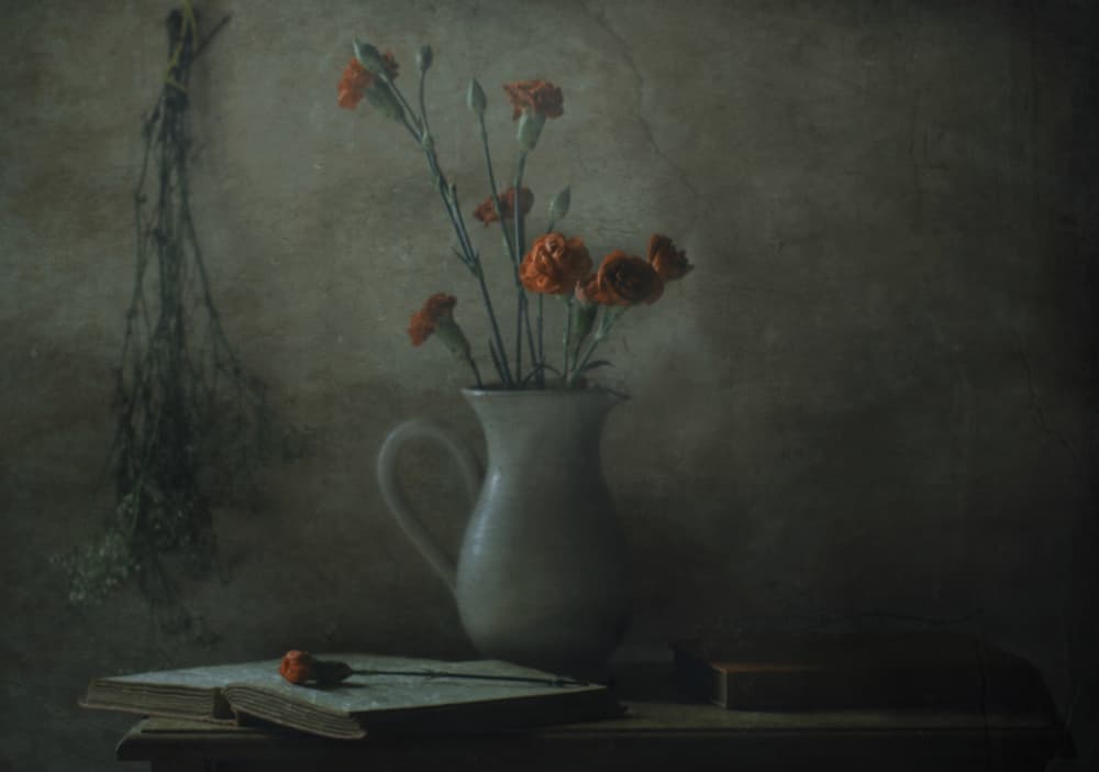 Quiet Carnation Still Life by Delphine Devos — canvas wall art