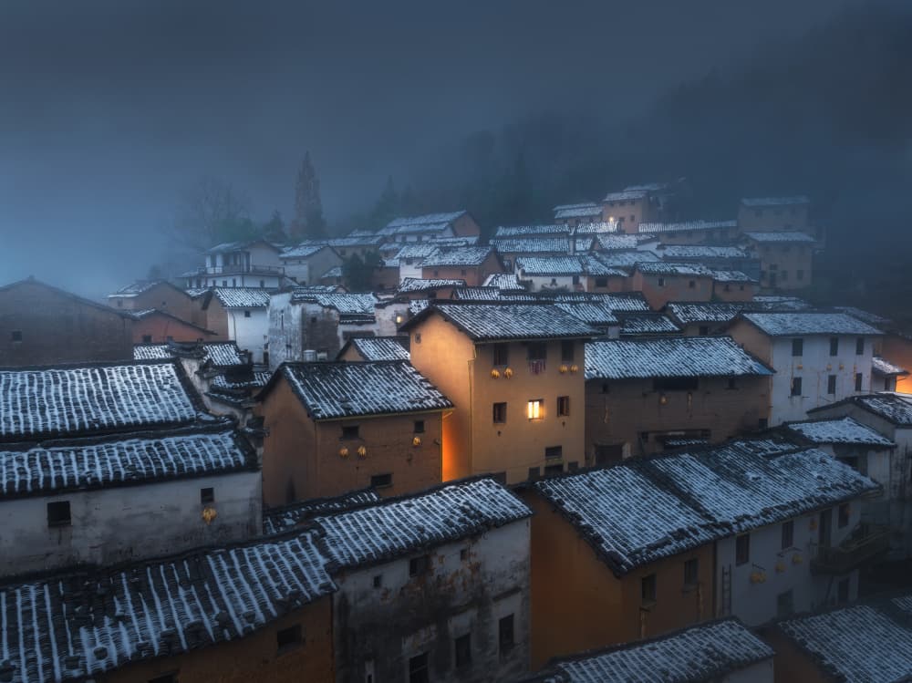 Misty Village Night by NingYun Ye — canvas wall art