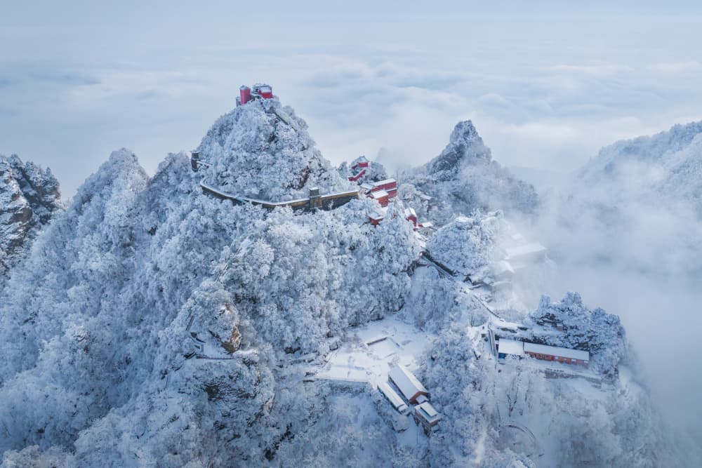 Snowy Mountain Temple View by Simoon — canvas wall art