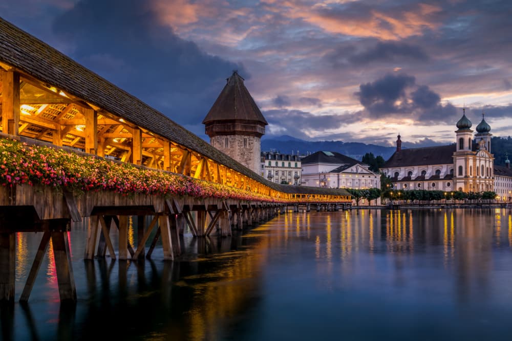 Lucerne Chapel Bridge Twilight by Lisa Aurora Campbell — canvas wall art