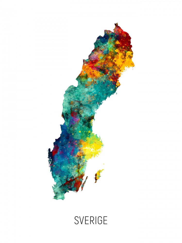 Sverige Watercolor Map by Michael Tompsett — canvas wall art