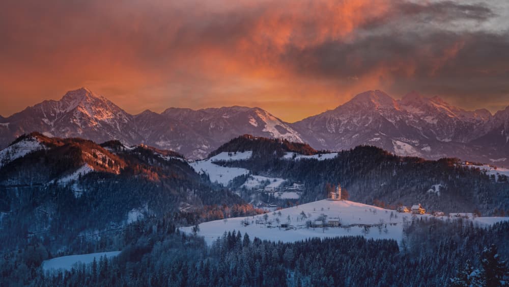 Alpine Church Glow by Bor — canvas wall art
