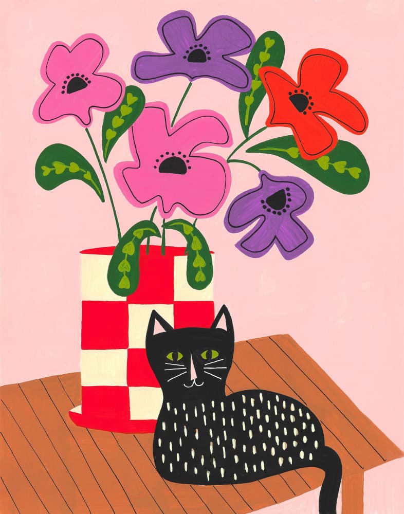 Whimsical Cat And Flowers by Sara Coulter — canvas wall art