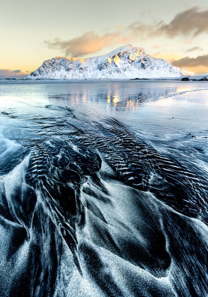 Snowy Mountain Beach Glow by Gilad Topaz — canvas wall art