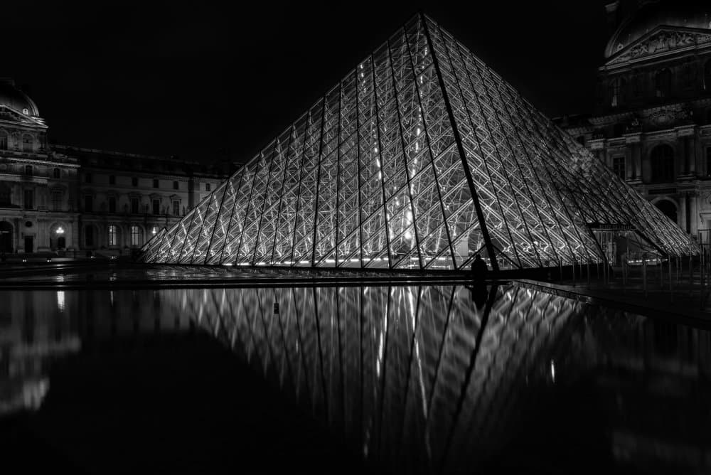 Louvre Pyramid Night Reflection by Siamak Jalali — canvas wall art