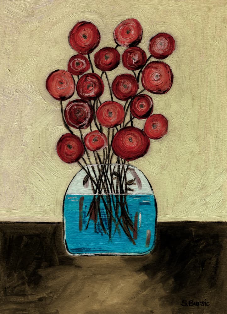 Red Flowers Blue Vase by Sharyn Bursic — canvas wall art
