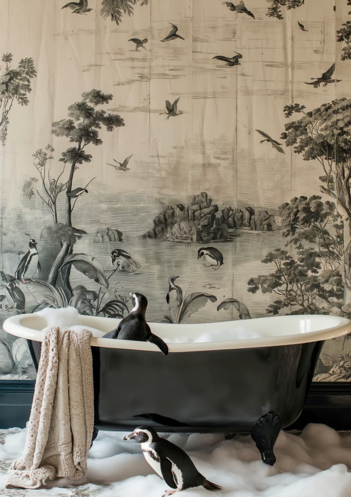 Penguin Bubble Bath by Niky Rahner — canvas wall art