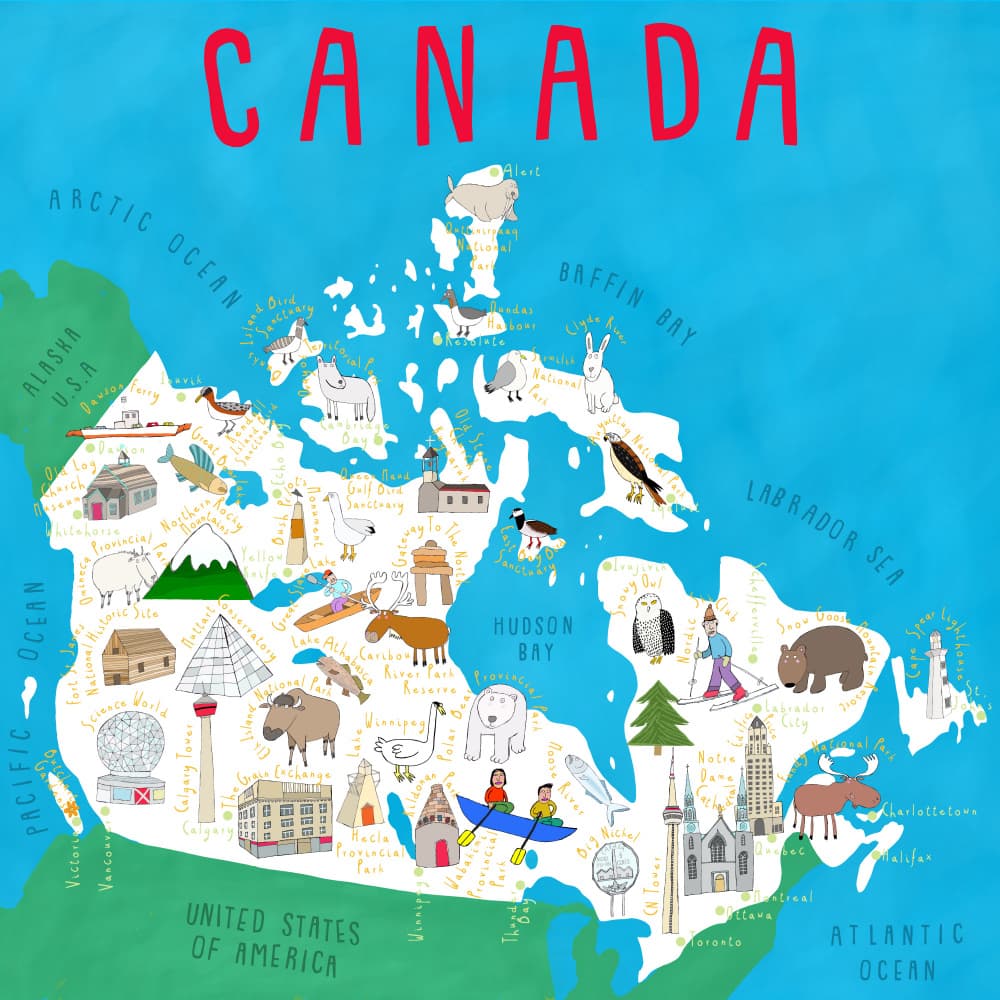 Whimsical Canada Map by Carla Daly — canvas wall art