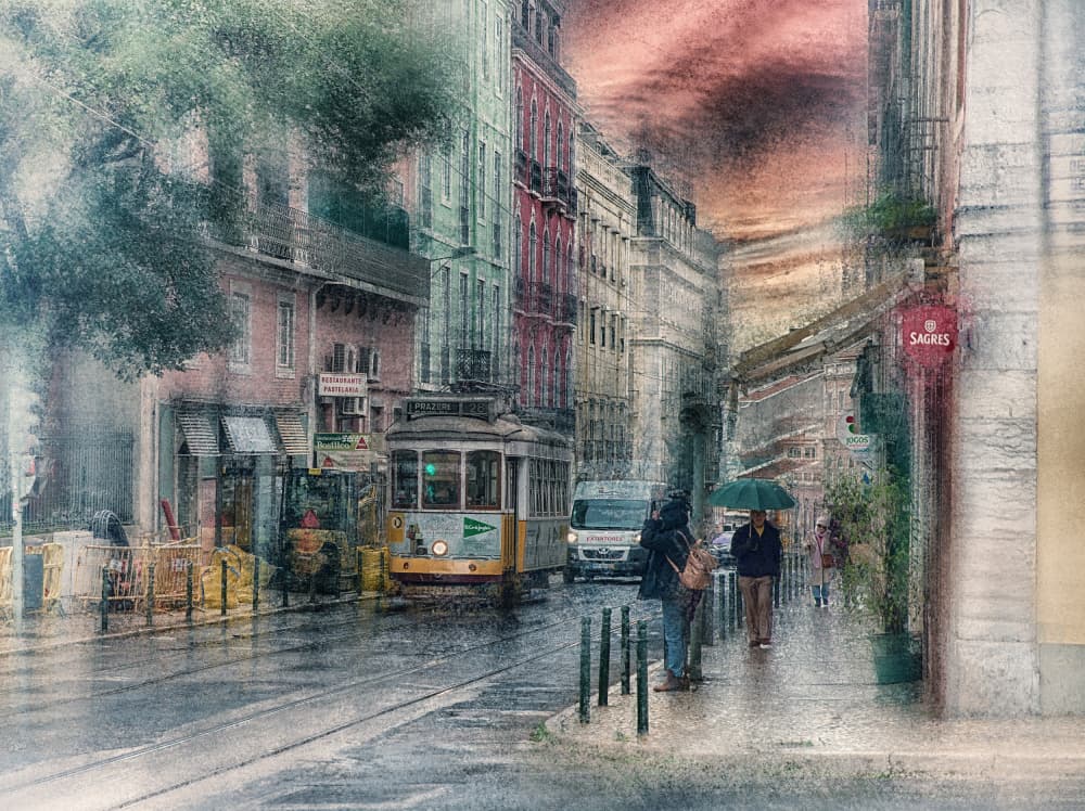 Rainy Lisbon Tram by C.S. Tjandra — canvas wall art