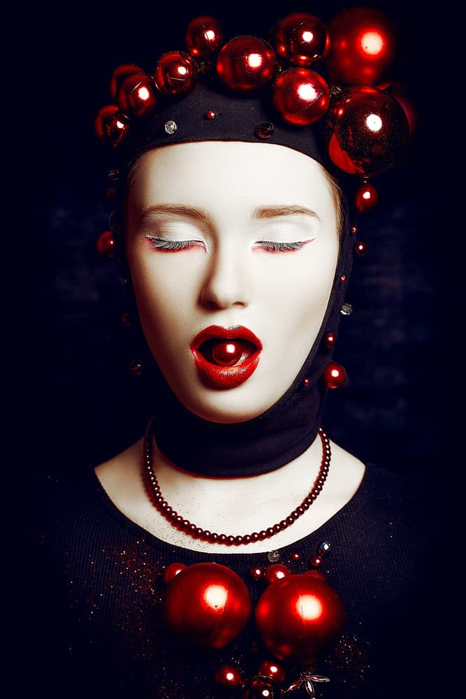 Red Ornaments Fashion Portrait by Ruslan Bolgov — canvas wall art