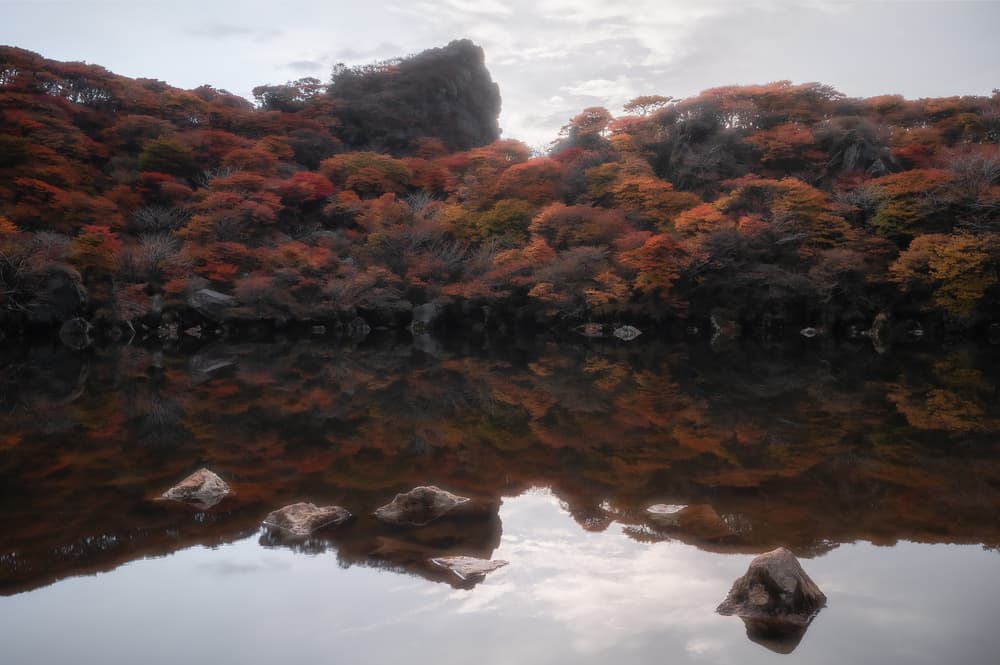 Calm Autumn Lake Reflections by Takumi Ikeda — canvas wall art