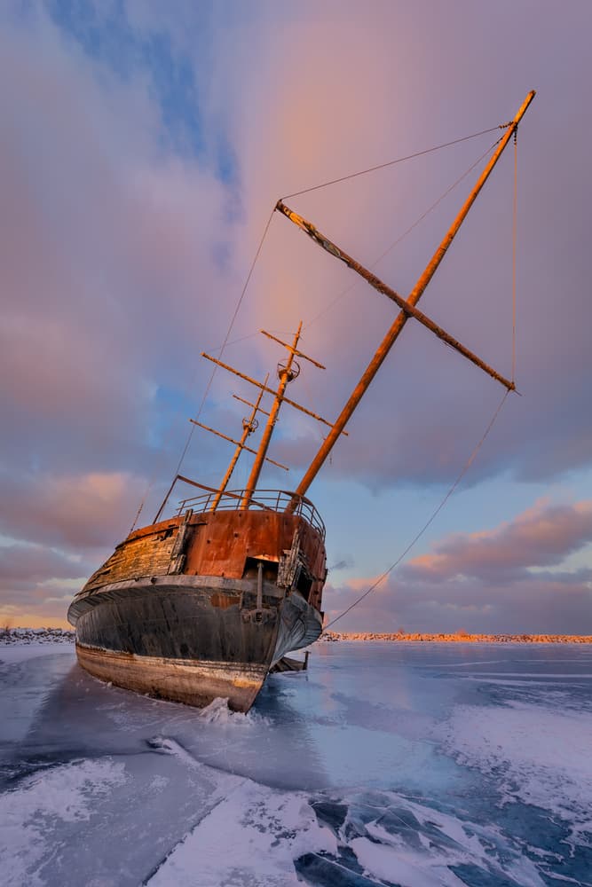 Frozen Shipwreck Sunset by Richard Huang — canvas wall art