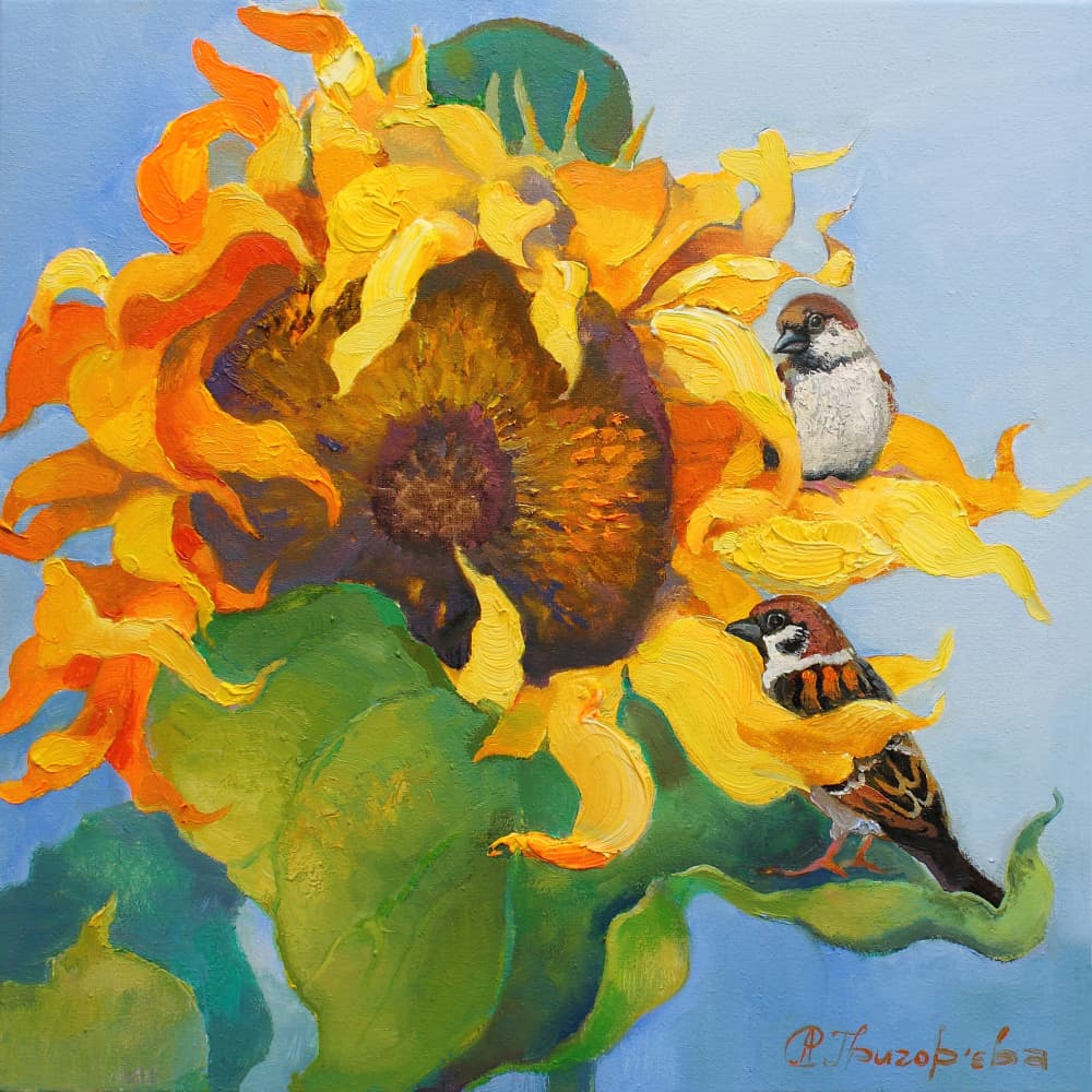 Golden Sunflower Sparrows by Anastasiia Grygorieva — canvas wall art