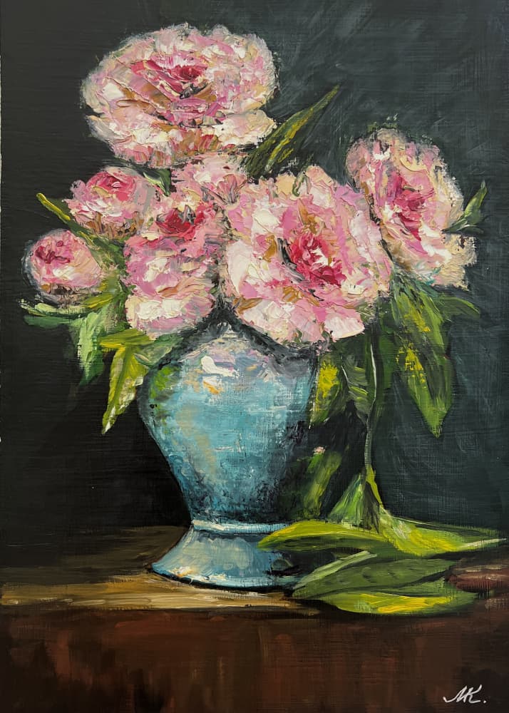 Pink Peonies Blue Vase by Marina Kozyr — canvas wall art