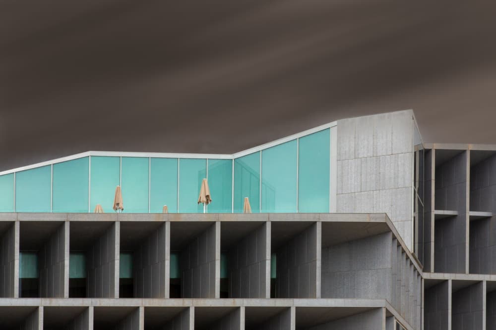 Modern Building Teal Windows by Michel Guyot — canvas wall art