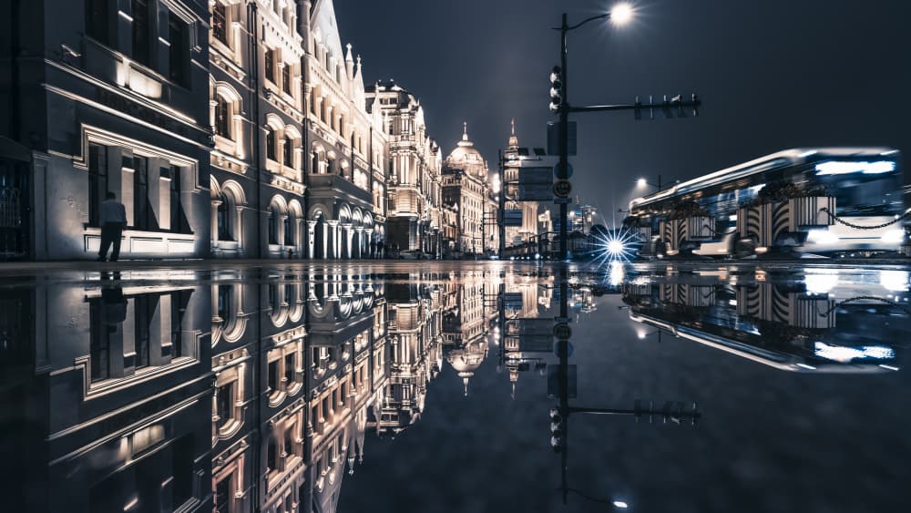 Urban Night Reflections by Aron Tien — canvas wall art