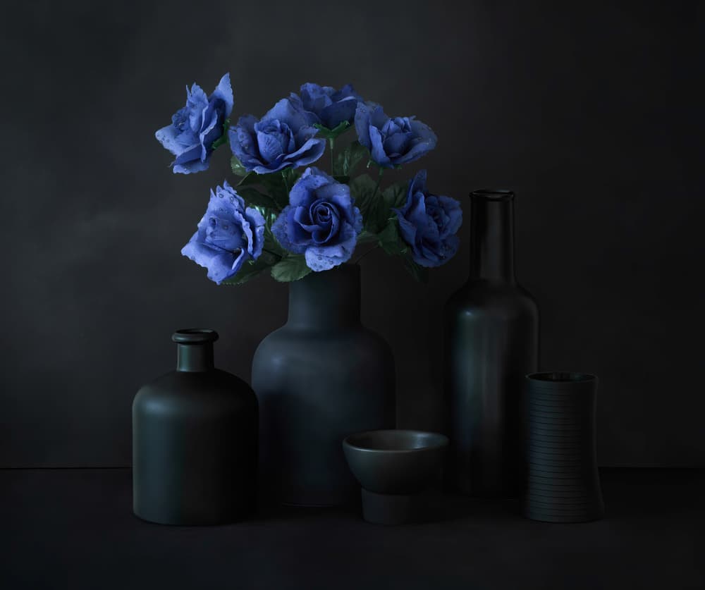 Deep Blue Roses Still Life by Jacqueline Hammer — canvas wall art