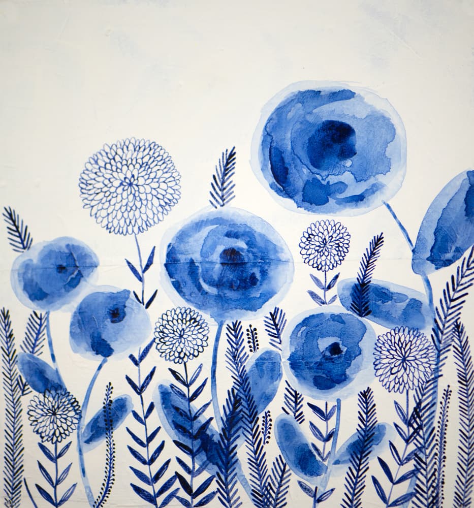 Indigo Watercolor Blooms by Shelley Hampe — canvas wall art