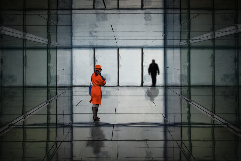 Orange Coat in Glass Hall by Luc Vangindertael (laGrange) — canvas wall art