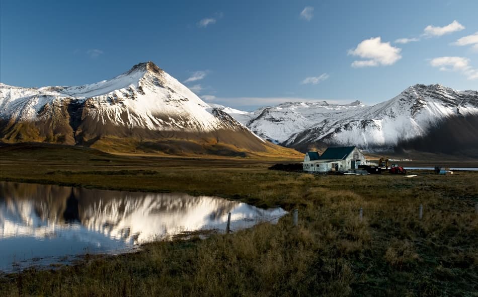 Snowy Mountain Reflection Cabin by Liloni Luca — canvas wall art