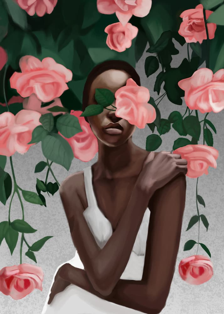 Woman Among Pink Roses by Nadjaa — canvas wall art