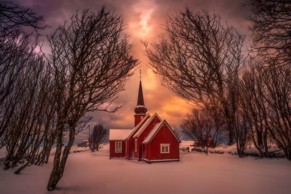 Red Church Winter Glow by Grzegorz Lewandowski — canvas wall art