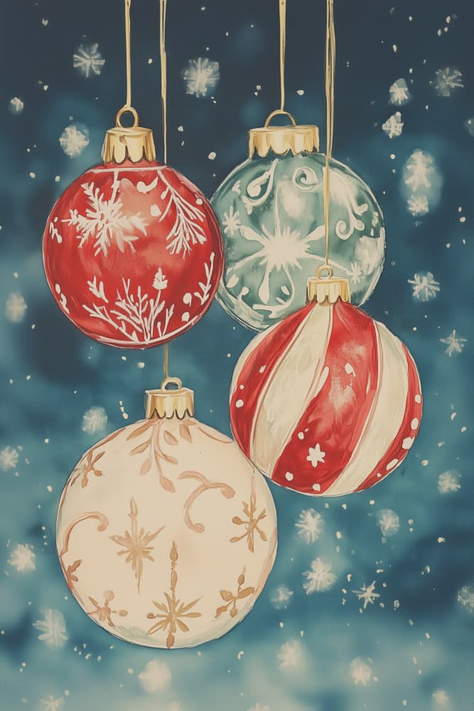 Snowy Christmas Ornaments by Melloi Art Prints — canvas wall art