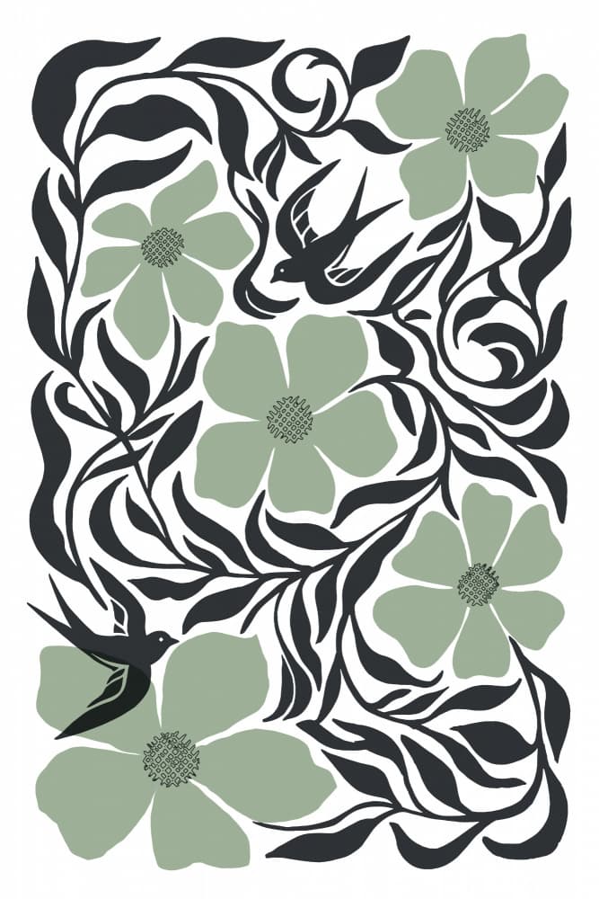 Green Floral Swallows by cartissi — canvas wall art