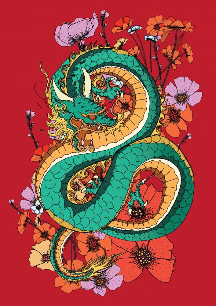 Vibrant Asian Floral Dragon by Nicholas — canvas wall art