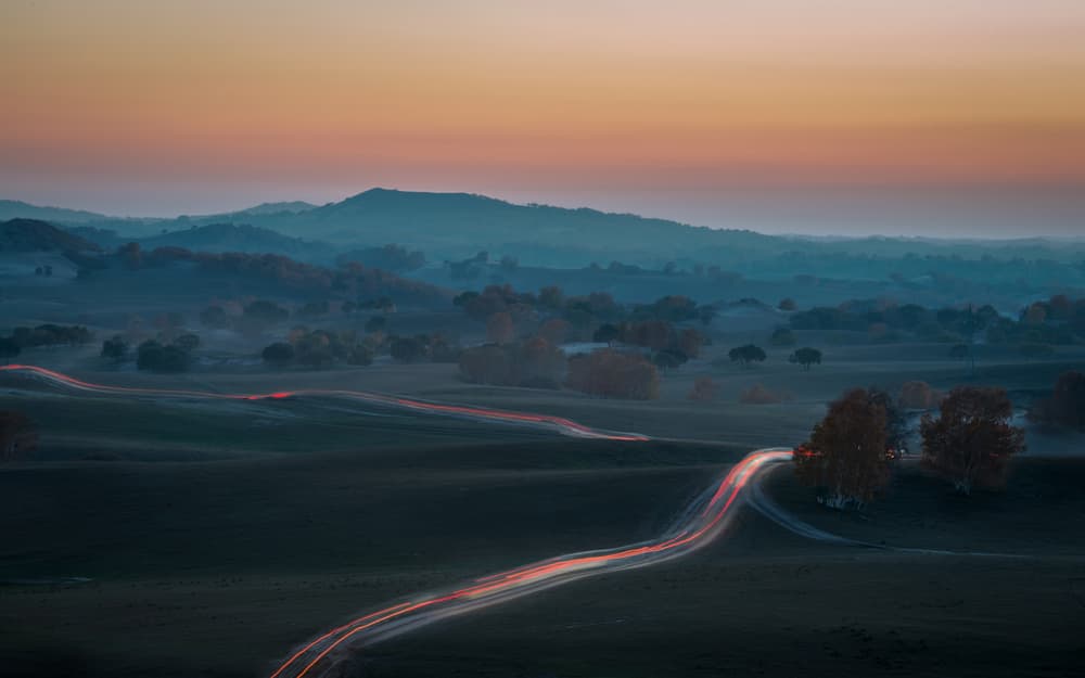 Misty Road Light Trails by C. Mei — canvas wall art