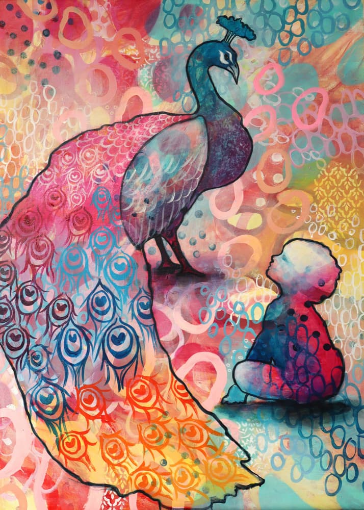 Peacock Child Wonder by Ania Witwitzka — canvas wall art