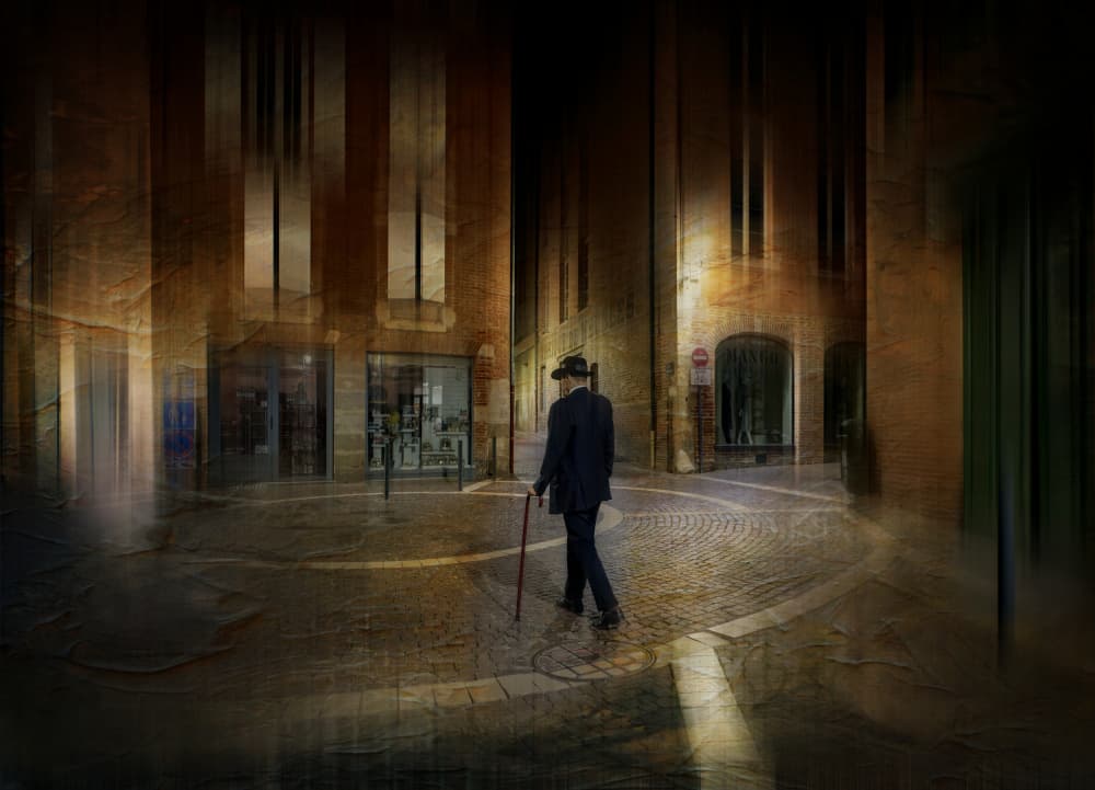 Lone Figure Dark Street by Michel Romaggi — canvas wall art