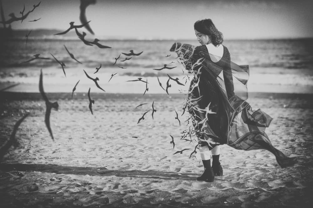 Woman Bird Transformation Beach by Daisuke Kiyota — canvas wall art
