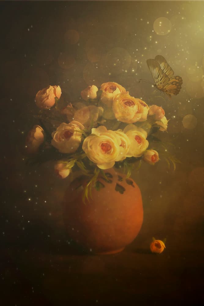Golden Roses and Butterfly by Cicek Kiral — canvas wall art