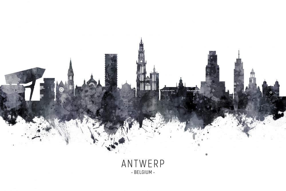 Antwerp Belgium Skyline Watercolor by Michael Tompsett — canvas wall art