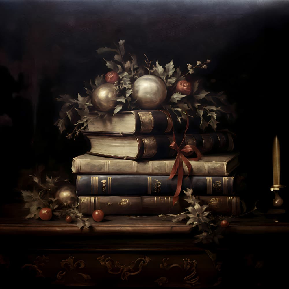 Festive Book Still Life by Emel Tunaboylu — canvas wall art