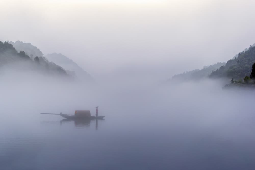Lone Boat Misty Lake by Raymond Ren Rong Liu — canvas wall art