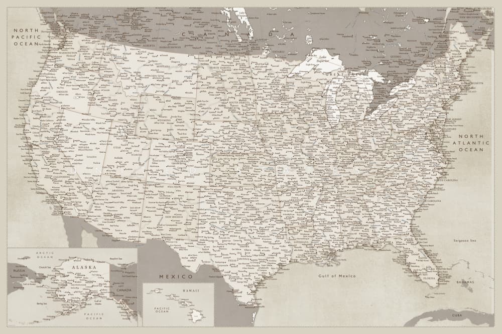 Vintage USA Cities Map by Rosana Laiz Blursbyai — canvas wall art