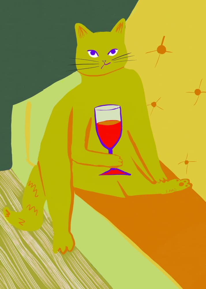 Relaxed Cat Sips Wine