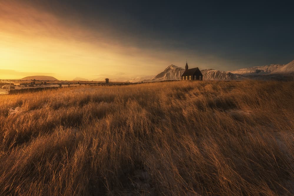 Black Church Golden Field by David Martin Castan — canvas wall art