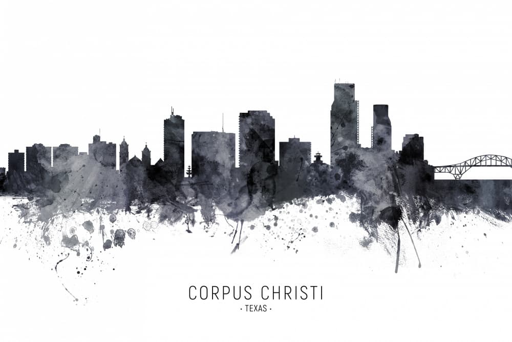 Corpus Christi Skyline Watercolor by Michael Tompsett — canvas wall art