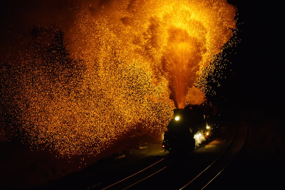 Fiery Steam Train Night by Shirley Shen — canvas wall art