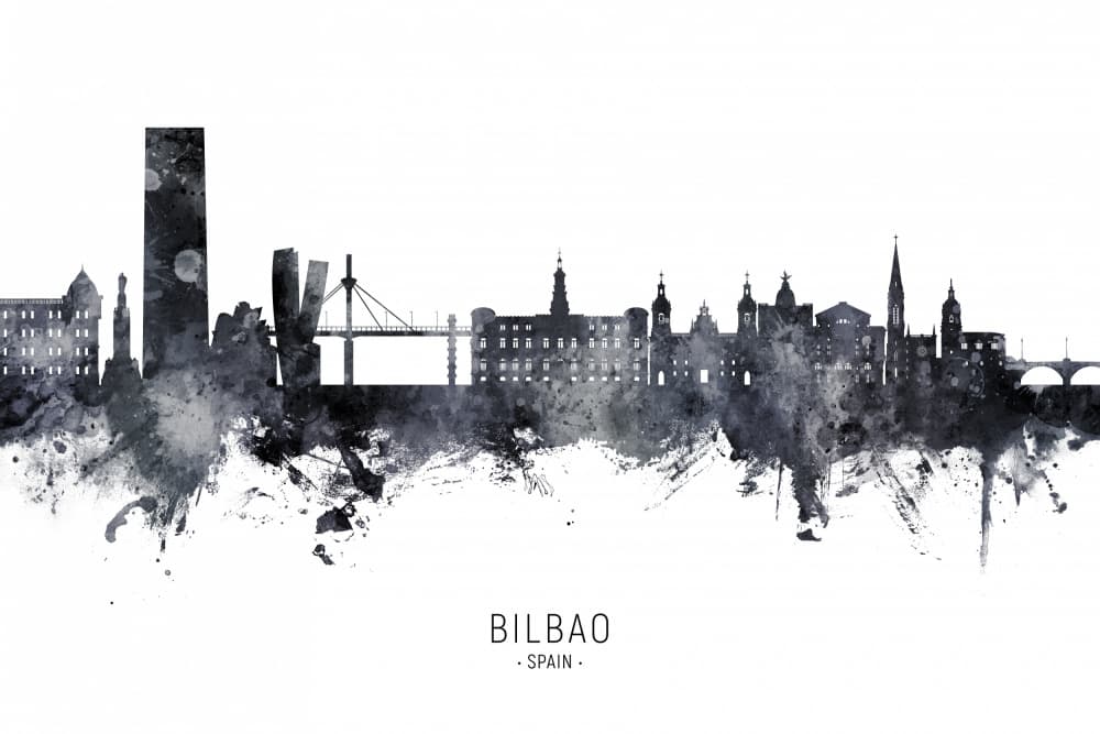 Watercolor Bilbao Skyline by Michael Tompsett — canvas wall art