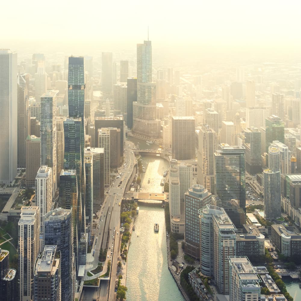 Hazy Chicago River Skyline by Can Pu — canvas wall art