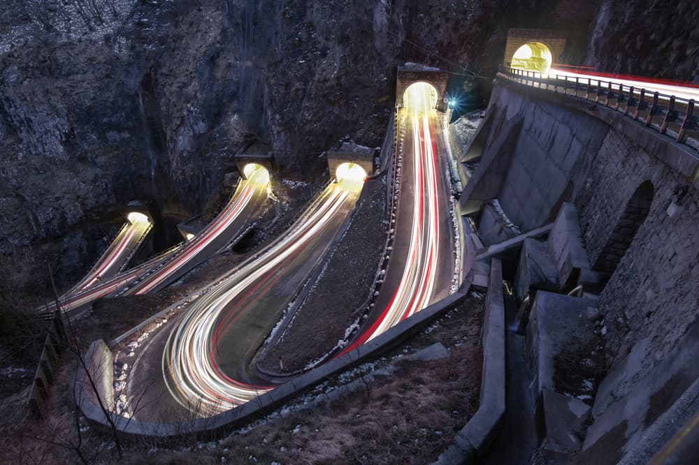 Mountain Tunnels Light Trails by Andrea Comari — canvas wall art