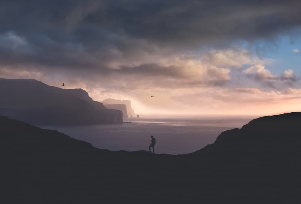 Solitary Hiker Coastal Sunset by Larry Deng APA — canvas wall art