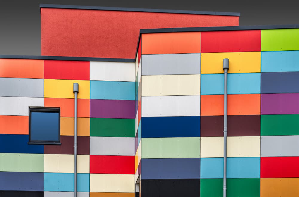 Vibrant Geometric Facade by Roland M Schwerdtfeger — canvas wall art