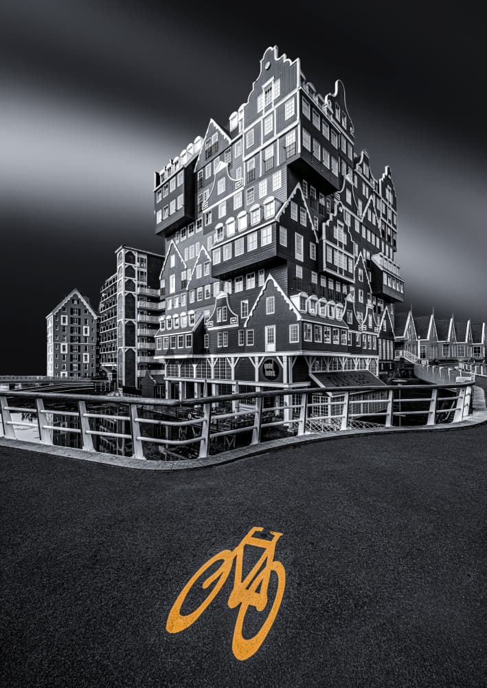Orange Bike Dutch Building by Roland M Schwerdtfeger — canvas wall art