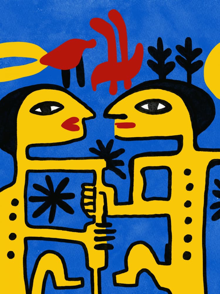 Blue Yellow Folk Figures by Little Dean — canvas wall art