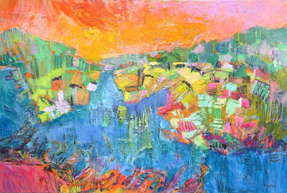 Orange Sky River Village by Dorothy Fagan — canvas wall art